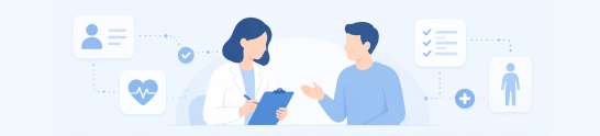 Ilustração de anamnese detalhada com a equipe médica